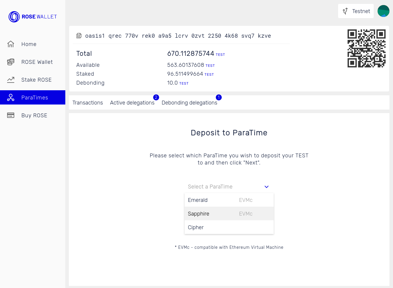 Deposit tokens: Select ParaTime